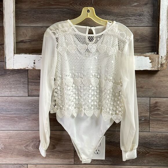 SAM Fashion White 2 Pc Lace Overlay Body Suit,Size Med,White,Lace Heart Overlay - Picture 1 of 11
